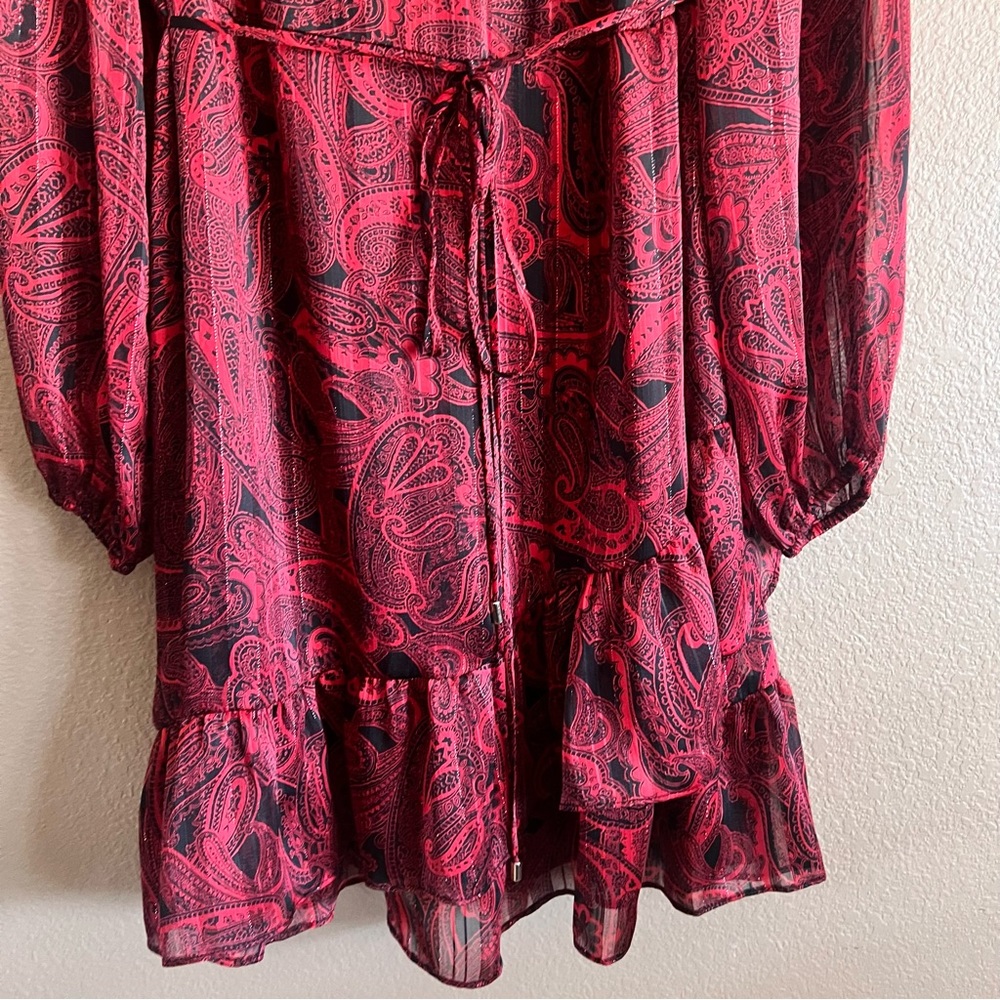 Tommy Hilfiger Paisley Chiffon Belted Long Sleeve Dress in Red Shimmer Size 14 - Picture 4 of 9